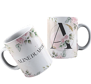 Caneca personalizada Floral Rosa com Inicial e Nome