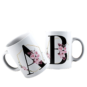 Caneca personalizada Inicial e nome preto e dourado floral