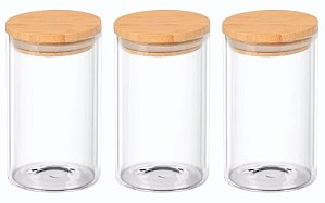 Kit 3 potes de vidro com tampa de bambu hermética 110ml