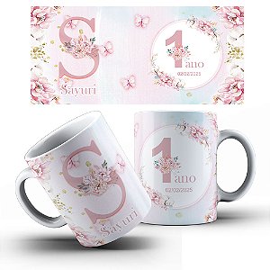 Caneca personalizada para Aniversário com Inicial, nome, idade e data Flores e Borboletas Rosa - 12 unidades