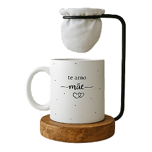 Kit Dia das Mães, Caneca 'Te Amo Mãe' com Mini Coador de Café, Base em Madeira