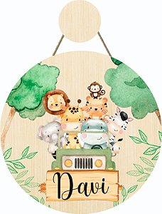 Enfeite de Porta Safari Infantil Personalizado, MDF, 20x20 cm, Animais da Floresta, Bege e Verde