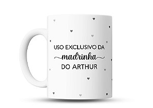 Caneca Personalizada Uso Exclusivo da Madrinha, com Corações, 325ml, Branca
