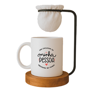 Kit Dia dos Namorados, Caneca 'Uso exclusivo da minha pessoa favorita no Mundo' com Mini Coador de Café, Base em Madeira