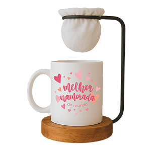 Kit Dia dos Namorados, Caneca 'Melhor namorada do Mundo' com Mini Coador de Café, Base em Madeira
