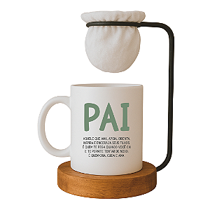 Kit Caneca Significado Pai com Coador e Base de Madeira, 325ml, Porcelana Branca, Suporte e Base em Madeira Maciça, Dia dos Pais