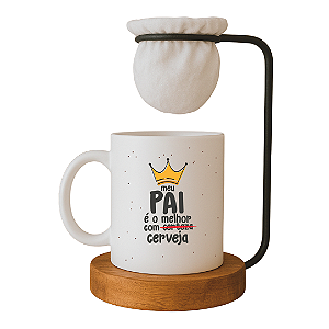 Kit Caneca Meu Pai é o Melhor com Cerveja, com Coador e Base de Madeira