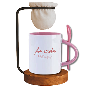 Kit Caneca com colher Personalizada com Nome e mini coador de café de madeira