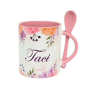 Caneca Rosa Personalizada com Colher e Nome com Estampa Floral
