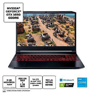 Notebook Acer Nitro 5 AN515-57-579B, Tela 15.6" FHD, Intel i5-11400H, 8GB RAM DDR4, 256GB SSD, 1TB HDD, GeForce GTX 1650 4GB, Windows 11 Home