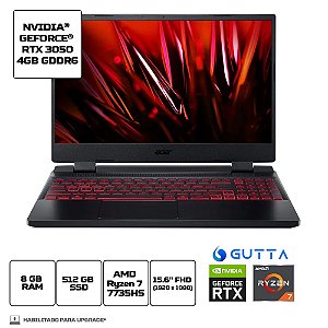 Notebook Acer Nitro 5 AN515-47-R9ES, Tela 15.6" FHD IPS, AMD Ryzen 7-7735HS, 8GB RAM DDR5, 512GB SSD, GeForce RTX 3050 4GB, Linux Gutta