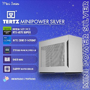 Mini PC TERTZ MiniPower, Prata, RTX 4070 SUPER, Intel Core i7-14700KF, 2TB SSD, 64GB DDR5, Water Cooler 240mm, Chipset Z790