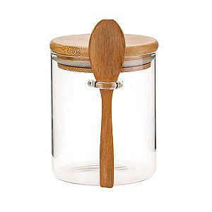 Pote de Vidro Hermético com Tampa e Colher de Bambu 620ml 12,5x8,5cm - 01 unidade - Kafe Embalagens