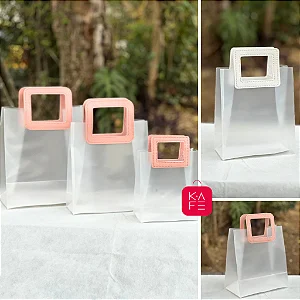 Sacola Transparente Fosca com Alça de Couro Quadrada Resistente - 12 unidades