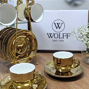 JG 6 Xícaras com pires e Suporte 90ml Dourada Versa Porcelana Wolff