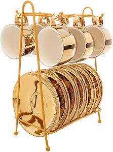 CONJ 6 XICARAS PORCELANA PIRES E SUPORTE VERSA DOURADO 90ml