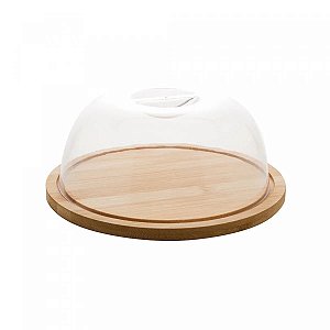 PRATO P/QUEIJO DE BAMBU C/TAMPA DE PLASTICO 18,5x18,5x8cm