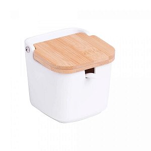 SALEIRO DE MESA DE CERAMICA C/TAMPA DE BAMBU E COLHER BIANCO 9x9x8,5CM