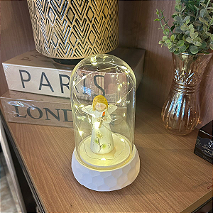 Castiçal Em Vidro E Resina Anjo Na Cúpula Com Led 15x9,5cm
