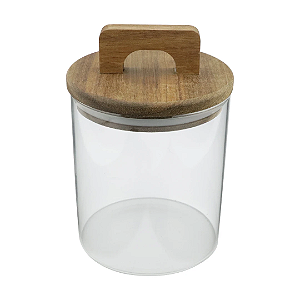 Porta Mantimento Em Vidro Com Tampa E Alça De Madeira 650ml