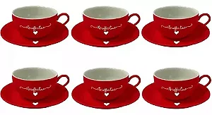 Conjunto 6 Xícaras Para Chá C/ Pires L'amour  Vermelho 160ml Hauskraft