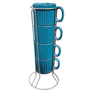 Jogo De 4 Xícaras Empilháveis Café com Suporte Cerâmica 80 ml Azul Esmeralda Striatto