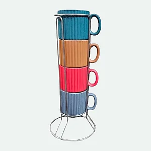 Jogo De 4 Xícaras Empilháveis Café com Suporte Cerâmica 80 ml Colorida Striatto