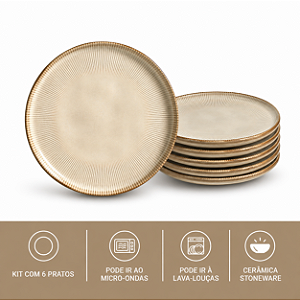 Jogo 6 Pratos Sobremesa 21,5cm Stoneware Bio Raio Porto Brasil