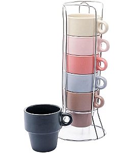 Jogo 6 Xicaras de Café Empilháveis 90ml com suporte Colorida Cerâmica Wolff