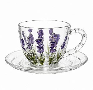 Xícara de Chá com Pires Lavanda Hand Painting 220ml Lyor