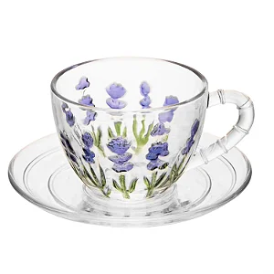 Xícara de Chá com Pires Lavanda Hand Painting 220ml Cristal Ecológico - Lyor