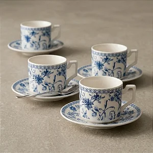 JOGO 4 XICARAS CAFE COM PIRES HORTENSIA 90ml AZUL
