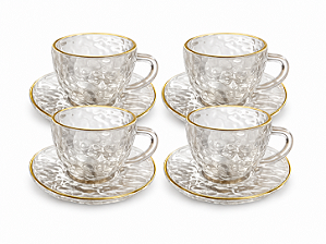 Jogo 4 Xícaras Café 90ml Com Pires Com Borda Dourada Vidro Martiri