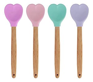 Kit 4 Colheres De Silicone Coração Cabo De Madeira 28x6,5 Cm