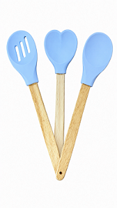 Kit 3 Colheres Silicone Azul Cabo De Madeira Casíta