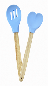 Kit 2 Colheres Silicone Azul Cabo De Madeira Casíta