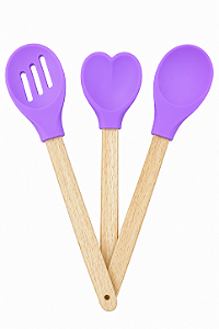 Kit 3 Colheres Silicone Roxo Cabo De Madeira Casíta