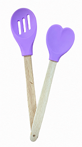 Kit 2 Colheres Silicone Roxo Cabo De Madeira Casíta