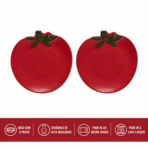 Jogo 2 Pratos Sobremesa Aquarelle em Cerâmica Tomate Copa&Cia
