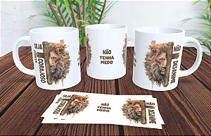 1 Caneca Porcelana 325ml Branca - Leão Seja Forte Corajoso