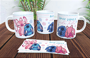 1 Caneca Porcelana 325ml Branca - Stitch Amor pra Toda Vida