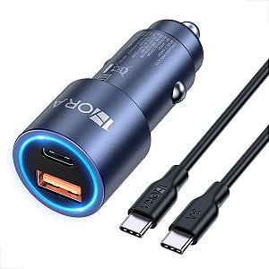 Carregador Veicular Duas Portas (USB18W + C 20W) Metalizado + Cabo de Dados C Para C 1 Metro - Cinza - GAR241
