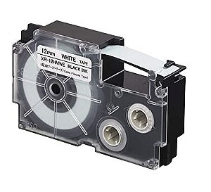 Fita Flexível Compatível Casio XR-12HMWE Branca Letra Preta 12mm