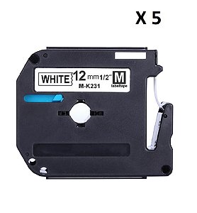 Kit 5 Fita Compatível Brother M-K231 Branca Letra Preta 12mm