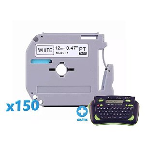 Kit 150 Fitas Compatível MK 231 Branca Letra Preta 12mm + Rotulador Brother PT-80