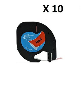 Kit 10 Fitas Plástica Compatível Dymo Letratag 91203 Vermelha Letra Preta 12mm