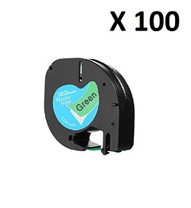 Kit 100 Fitas Plástica Letratag Compatível Dymo 91204 Verde Letra Preta 12mm