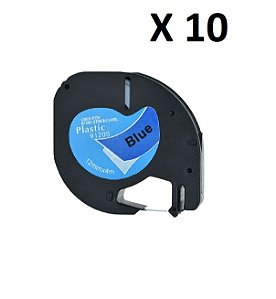 Kit 10 Fitas Plástica Compatível Dymo Letratag 91205 Azul Letra Preta 12mm