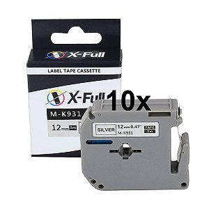 Kit 10 Fitas Compatível Brother M-K931 Prata Preta 12mm