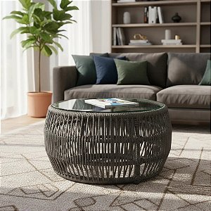 Mesa De Centro Summer E Vidro 60cm Alumínio em Corda Náutica